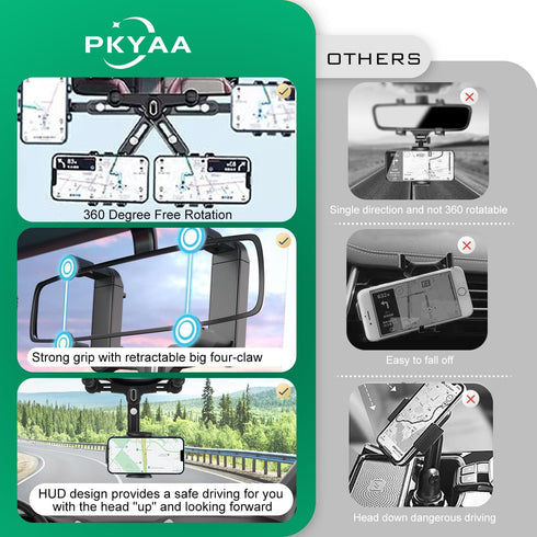 PKYAA Rearview Mirror Phone Holder for Car, 360° Rotating Mount with Adjustable Arm Length for All Smartphones