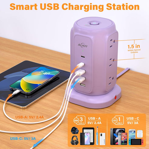 AiJoy 9 5 1200J 1625W USB C Power Strip Tower, AC Outlets and USB Ports Power Tower, Surge Protection, Flat Plug