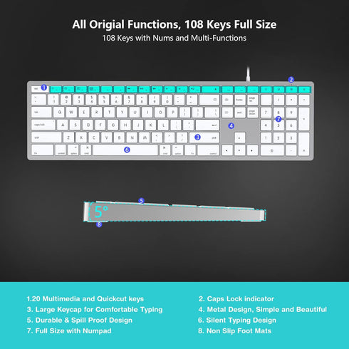 Wired Keyboard for Mac, Full Size with 20 Multimedia Shortcut Keys, USB A/USB C Compatible for Apple Mac Pro/Mini,