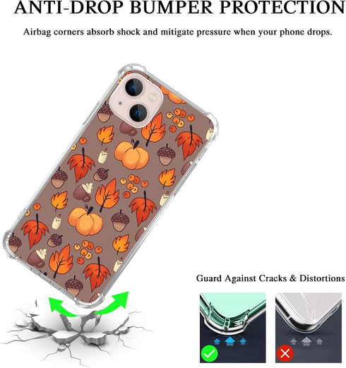 Fall Leaves Pumpkin Acorns Case for iPhone 14 Plus, Aesthetic Autumn Halloween Cover for Teens, Cool TPU Bumper