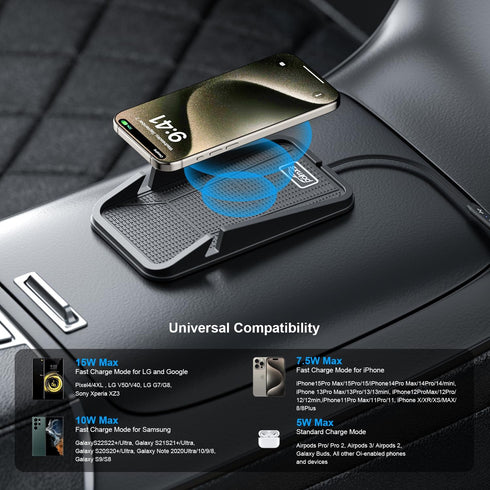 Wireless Car Charger, Polmxs Fast Wireless Charging Pad, No-Slip Phone Charger for Car, Cell Phone Cordless Holder