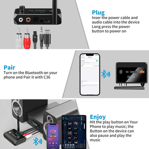 Bluetooth 5.3 Receiver, RCA Adapter, Low Latency & HD Music Audio, Supports Optical AUX 3.5mm for Home Stereo Speakers