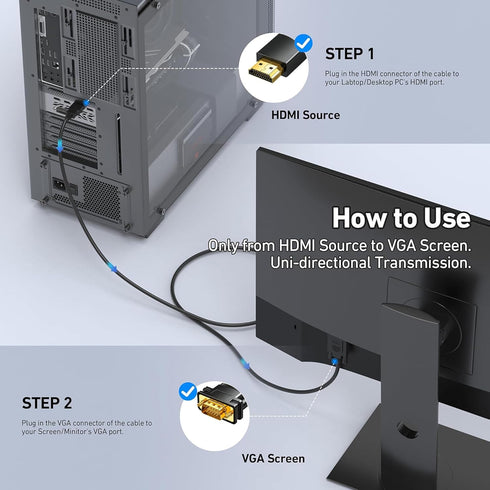 6FT, 1080P@60Hz HDMI to VGA Cable Uni-Directional HDMI to VGA Adapter Cable Male to Male Video Cord Compatible