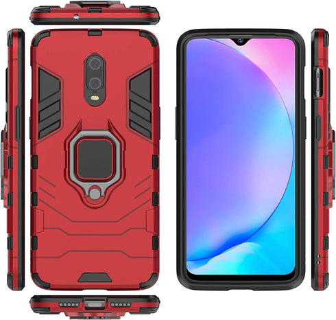 OnePlus 7, OnePlus 6T Case (Red) - Metal Ring Grip Kickstand Shockproof Hard Bumper, Dual Layer Rugged Cover