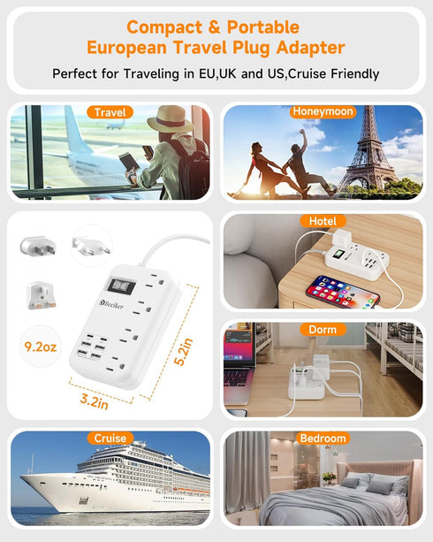 European Travel Plug Adapter, US to Europe Travel Power Strip with 6 USB (2 USB C) 4 Outlets, 3ft Extension Cord