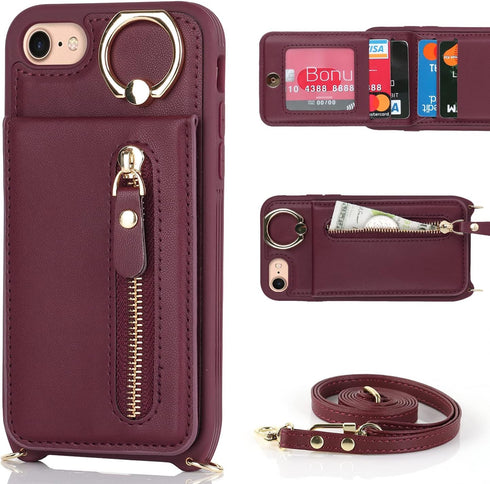 iPhone 7 8 SE (2020) Case with Card Holder for Women, iPhone 7 Phone Case Wallet with Strap Credit Card Slots Crossbody with Kickstand Zipper Shockproof Case for iPhoneSE (2020) - Red Wine
