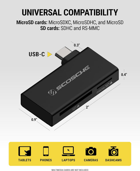 MCRA2 RS-MMC 2-in-1 16, Scosche Dual Slot Memory Card Adapter for SD/Micro SD, SDHC, SDXC and Cards, High Speed USB-C