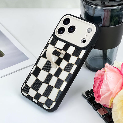 SOKAD 3D 17 Checkered Phone Case for iPhone Pro Max with Finger Strap Kickstand, Cute Checkerboard Design with Finger