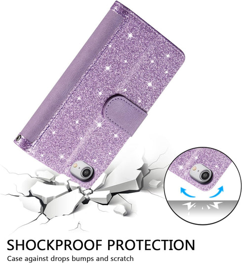 UEEBAI Wallet Case for iPhone SE 2022 5G/7/8, Retro Zipper Pocket Handbag with 9 Card Slots - Glitter Purple