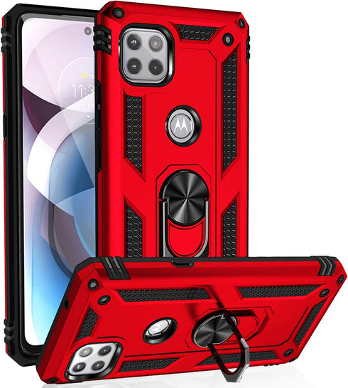 Military Grade Drop Impact Moto One 5G Ace Case, Red Heavy Duty Shockproof Armor with 360 Metal Rotating Ring Kickstand