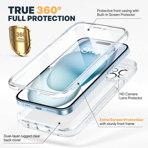 Diaclara Designed for iPhone 15 Plus Case 6.7'', Full Body Rugged Case w/Built-in Touch Sensitive Anti-Scratch Screen Protector+9H Glass Camera Lens Protector, Clear
