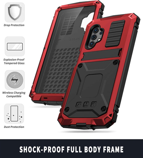 Aluminum Metal Waterproof Case for Samsung Galaxy A32 5G, Shockproof Heavy Duty Protector with Built-in Kickstand, Red