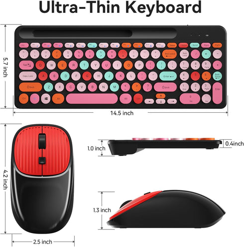 Wireless Keyboard and Mouse Combo, Retro Typewriter Wireless Keyboard with Round Keycaps, 2.4GHz Compact USB Cute