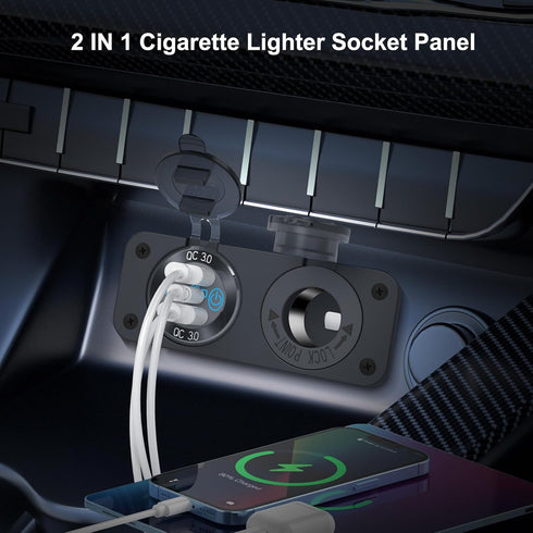 12V USB Outlet Marine Switch Panel, PD3.0 & Dual Quick Charge 3.0 USB Ports, Waterproof 150W Cigarette Lighter Socket