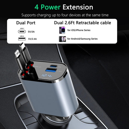 Retractable Car Charger, 4 in 1 Fast Charge Adapter 100W, Retractable Cables for iPhone & Type-C