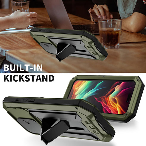 JINGANGYU 15 Metal Heavy Duty Phone Case Compatible with iPhone with Kickstand Built-in Gorilla Glass Lens Slide Camera