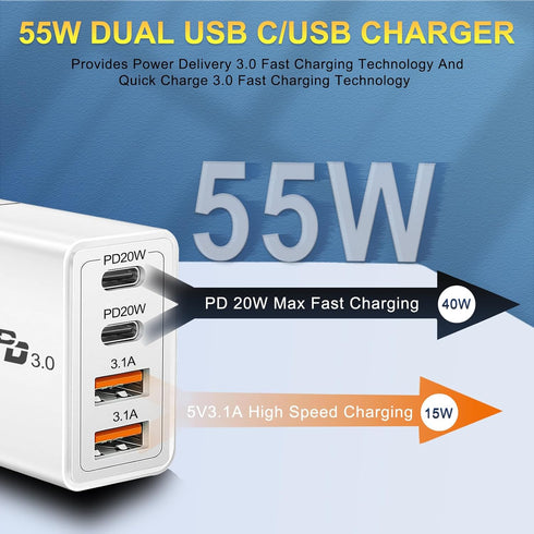 Dual USB C Charger 55W USB C Charger Block, CARZONJX 4 Port Type C Fast Charging Block QC+PD Power Adapter Wall Charger Plug for iPhone 15 14 13 12 11 Plus Pro Max, Galaxy, Tablet and More