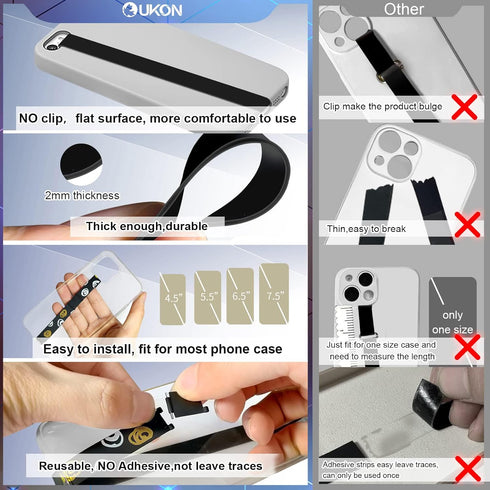 UKON Silicone Phone Grip, 2 PCS Reusable Finger Holder with Three Short Silicone Strips, Fits 4.5"-7.5" Phone Case