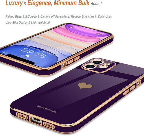 Teageo iPhone 11 Case for Women, Cute Love-Heart Luxury Bling Plating Soft Back Cover with Full Camera Protection -