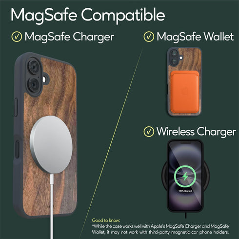 iATO 16 (6.1-inch) iPhone Case MagSafe, Real Walnut Wood Slim Protective TPU, Strong Magnet Ring, Raised Screen