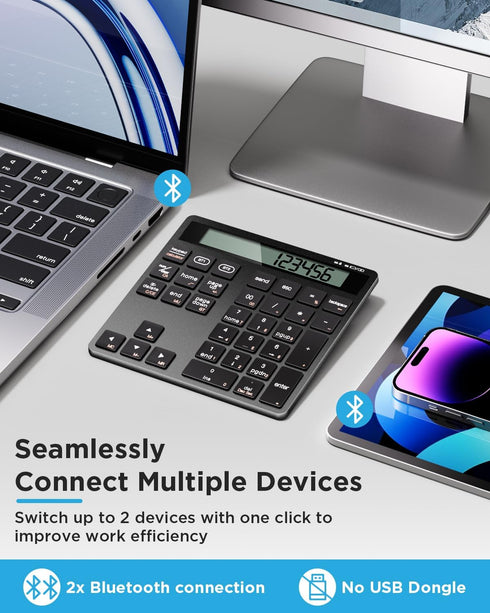 Awelbuy 34-Key Rechargeable Wireless Number Pad for Laptop, Dual Bluetooth Number Keypad with Calculator Display