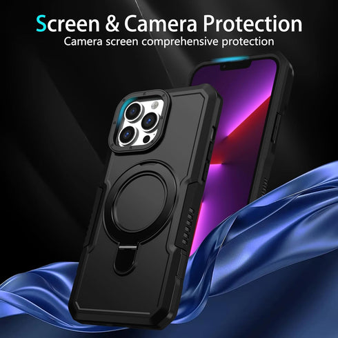 iPhone 13 Pro Case - Black, MIL-Grade Shockproof, Dual Layer, Built-in Stand & Ring Holder, Compatible with MagSafe.