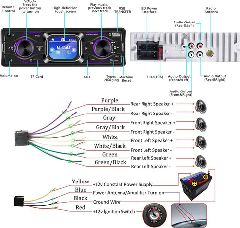Dykucic MP3 7-Color Single Din Car Stereo with Touchscreen Bluetooth, Player Supports Steering Wheel Control, USB/SD/FM