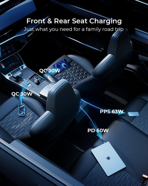 126W Dual PD60W&QC30W USB Car Charger Adapter, Fast Charging 4 Ports for iPhone 16/15/14/13/12, Samsung Galaxy