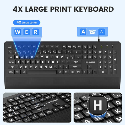 MIKUSO Cover,104 Large Print Keyboard for Seniors,Big Key Low Vision Keyboard with Wrist Rest & Included Dust Key