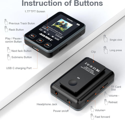 Aiandcc Mp3 5.3, 1.77-inch 32GB mp3 Player with Bluetooth HiFi Music Player with Sports Clip and Armband, TFT Color