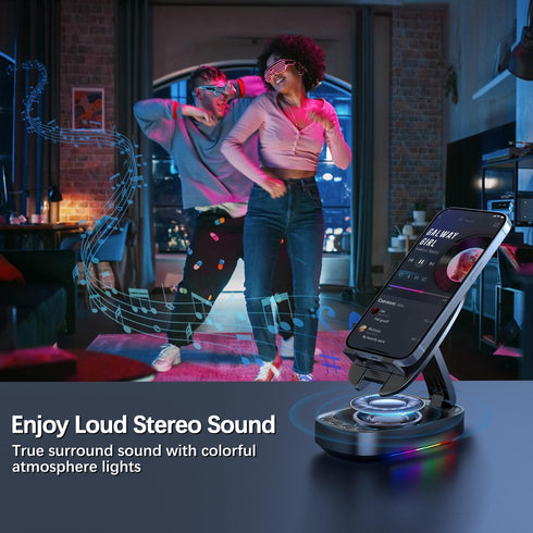Cell Phone Stand with Wireless Bluetooth Speaker, Adjustable Holder with 5 LED Modes, Compatible with iPhone/iPad