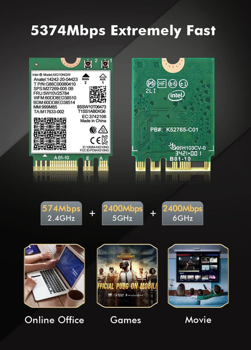 WiFi 6E Wireless Card, Intel AX210 NGW Bluetooth 5.3 Tri-Band 5400Mbps Network Adapter for Laptop, Supports Windows