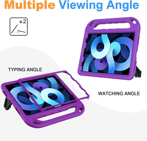 BMOUO Kids Case for iPad Air 5th/4th Generation, Built-in Screen Protector, Shockproof Handle Stand, Purple