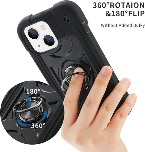 MARKILL iPhone 14 & 13 Case, Black, 360° Rotating Ring Stand, Military Grade Drop Protection, Rugged Heavy Duty Cover
