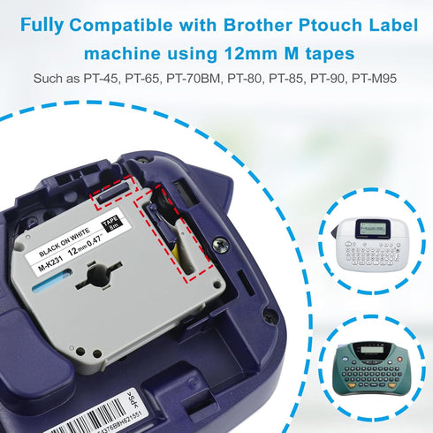 5P M-K231 M Tape MK231-731 12mm 1/2 Compatible with Brother M Label Maker, White/Color Label Tape