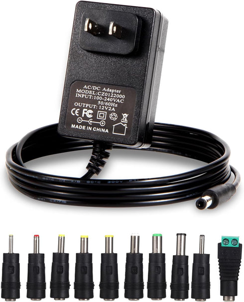 12V 2A Power Adapter Charger AC, 12V Regulated Power Supply with 10 Interchangeable DC Plugs for Electronics