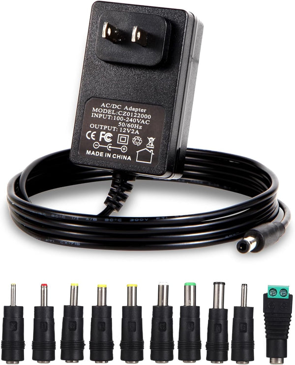12V 2A Power Adapter Charger AC, 12V Regulated Power Supply with 10 Interchangeable DC Plugs for Electronics