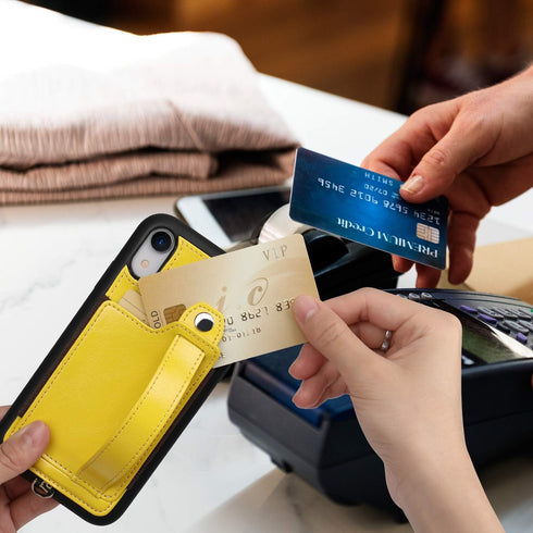 TOOVREN Wallet Case for iPhone XR with Lanyard Strap, Card Holder, Protective Cover with Stand, Yellow