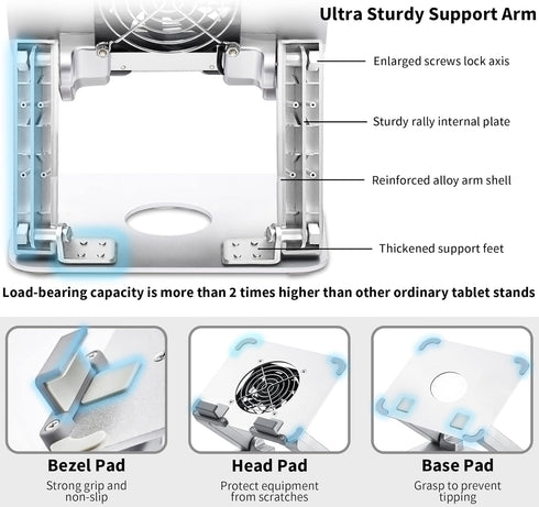 Heavy Sturdy Aluminum Writing Drawing Stand Tablet Riser for iPad, Samsung Tab, Surface Pro, with Cooling Fan