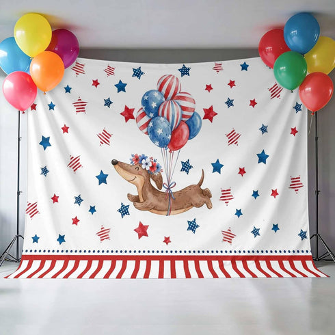 Generic 12 8 Independence Day Photo Backdrop for Photoshoot, x FT Flag Day Sausage Dog Blue Red Star Balloon Photo