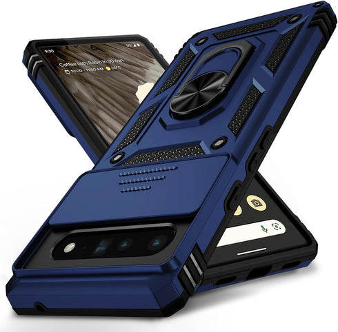 Military Grade Drop Protection Case for Google Pixel 6 Pro, with Slide Lens Cover and Magnetic Ring Holder (Navy Blue)