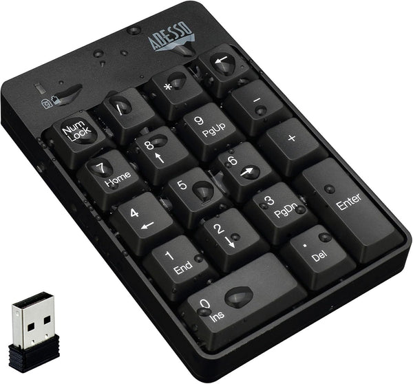 Adesso WKB-6010UB - Wireless Spill Resistant 18-Key Numeric Keypad Number Pad, Black