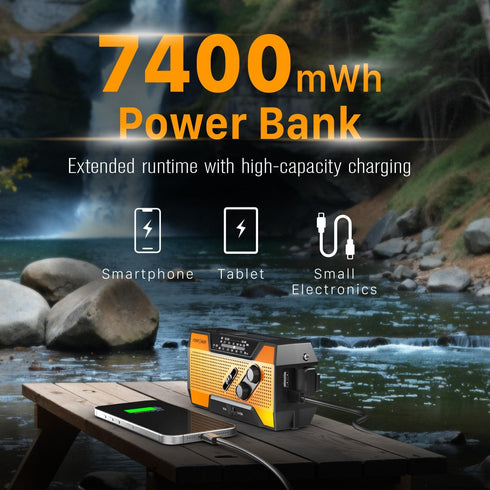 FosPower A1 7400mWh NOAA Emergency Weather Radio Portable Power Bank, AM/FM, USB/Solar/Hand Crank Charging, Battery
