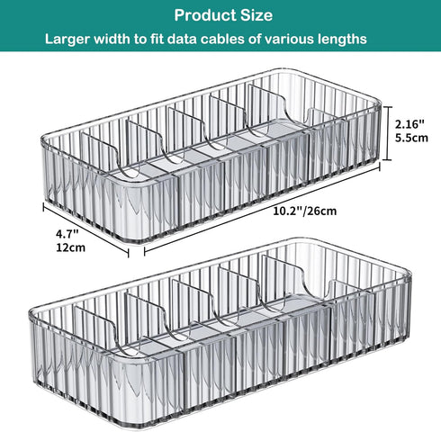 Cable Storage Boxes Organizers 2 Pack, Stackable Cord Charger Storage Organizer Box Case with 20pcs Cable Ties, Clear