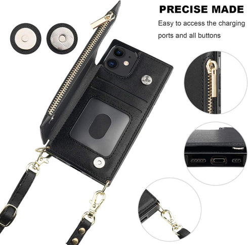 Bocasal Crossbody Wallet Case for iPhone 12/12 Pro, Card Holder, Zipper Slot, Shockproof Purse Cover, 6.1 Inch (Black)