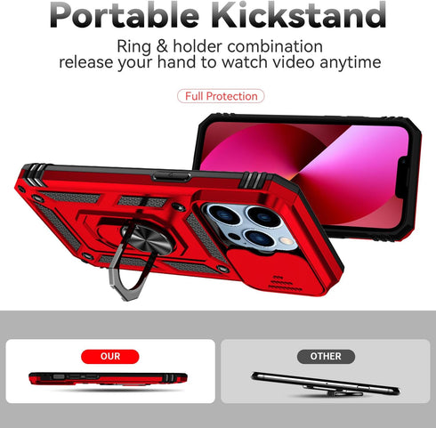 SunStory iPhone 13 Pro Case with HD Screen Protector, Slide Camera Cover, Rotated Ring Kickstand, Red