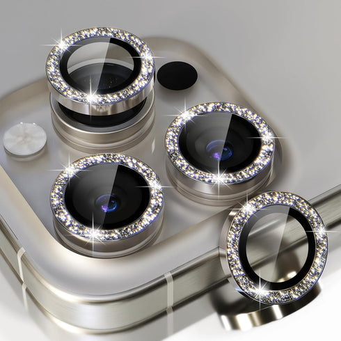 Choiche 9H Tempered Glass Camera Lens Protector for iPhone 15 Pro/Pro Max, Glitter-Titanium with Metal Ring Decoration.