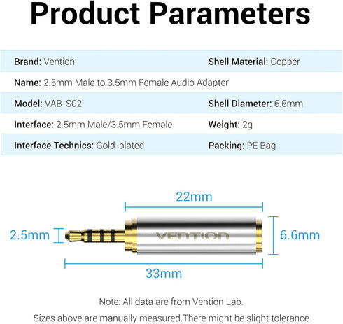 VENTION 3.5mm Female to 2.5mm Male Audio Adapter Converter, Premium Quality Headphone Connector (2 Pack)