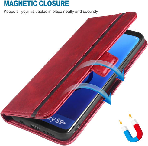 Phone Case for Samsung Galaxy S9 Plus, Leather Wallet with Tempered Glass Screen Protector, Card Holder, Red
