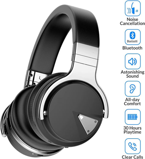 Silensys E7 Active Noise Cancelling Headphones - Bluetooth Over Ear Headphones with Microphone, 30 Hours Playtime,